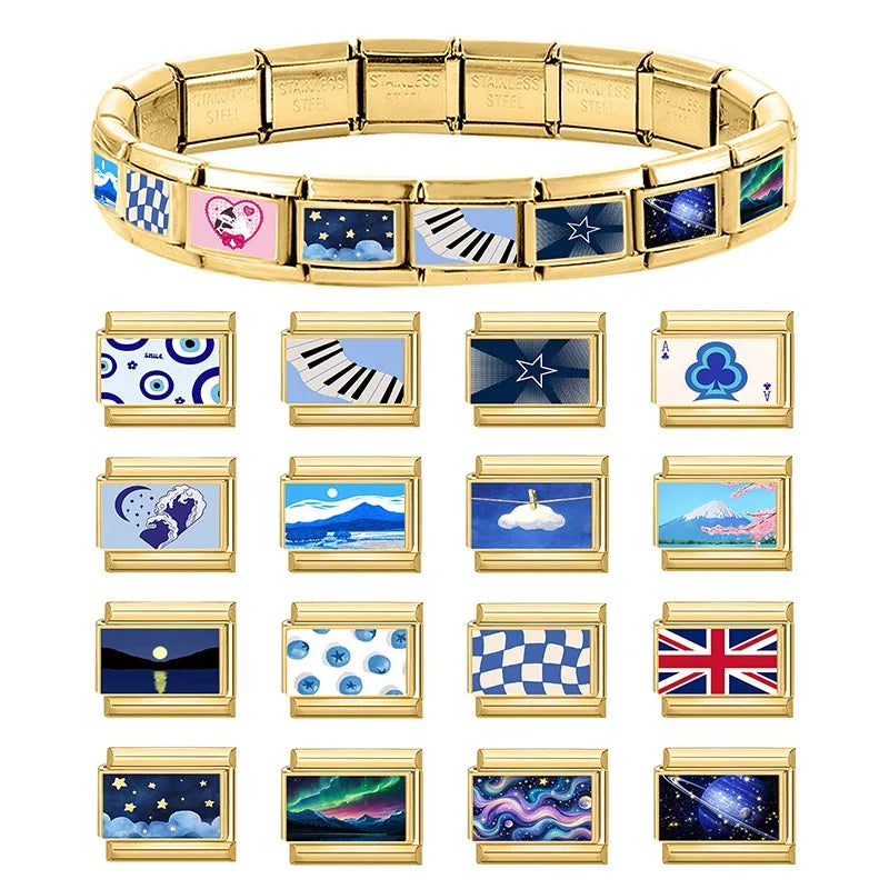 Fashion 2026 Pretty Color Sakura Mount Fuji Snow Mountain Charm Italian Link Fit 9mm Stainless Steel Bracelet Making DIY Jewelry Qme