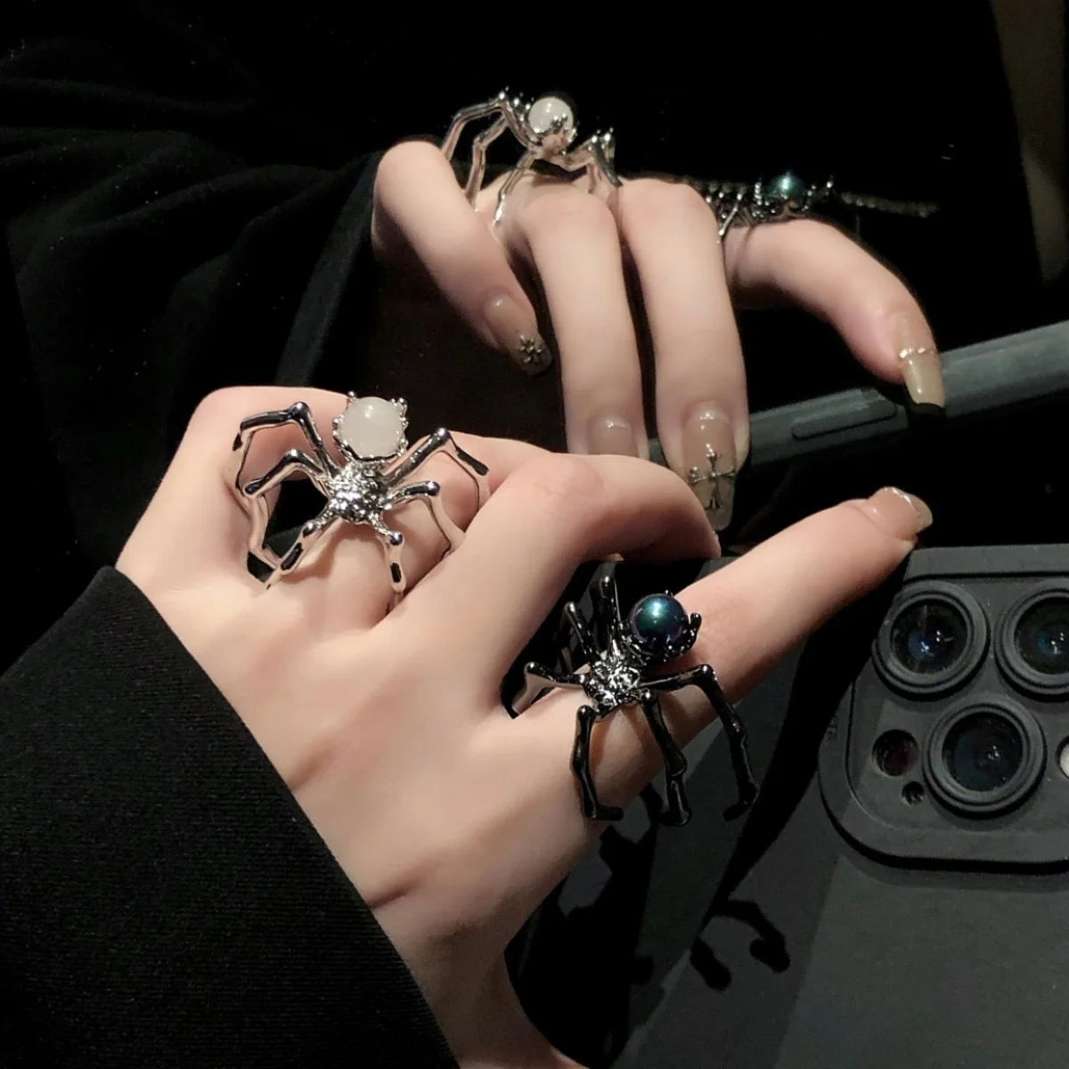 Punk Dark Spider Open Ring Retro Moonstone Black Ring For Women New Gothic Jewelry Dropshipping Wholesale Gift Punk Rings Girl Qme