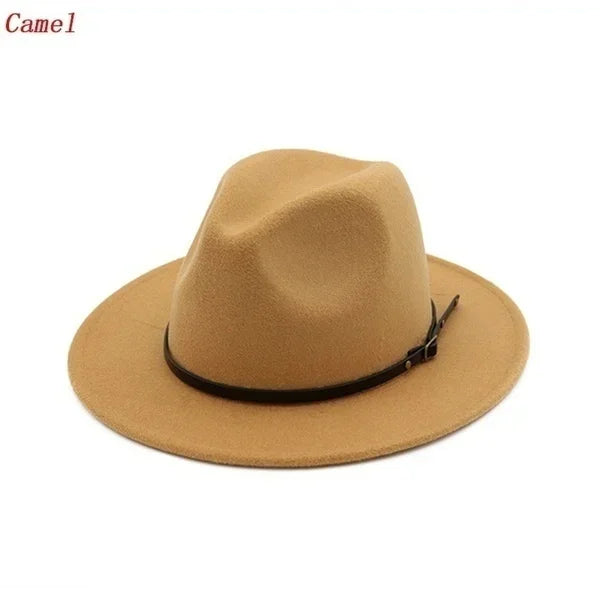 Men Women Fashion Vintage Simple Solid Wide Brim Felt Jazz Cap Church Qme Camel