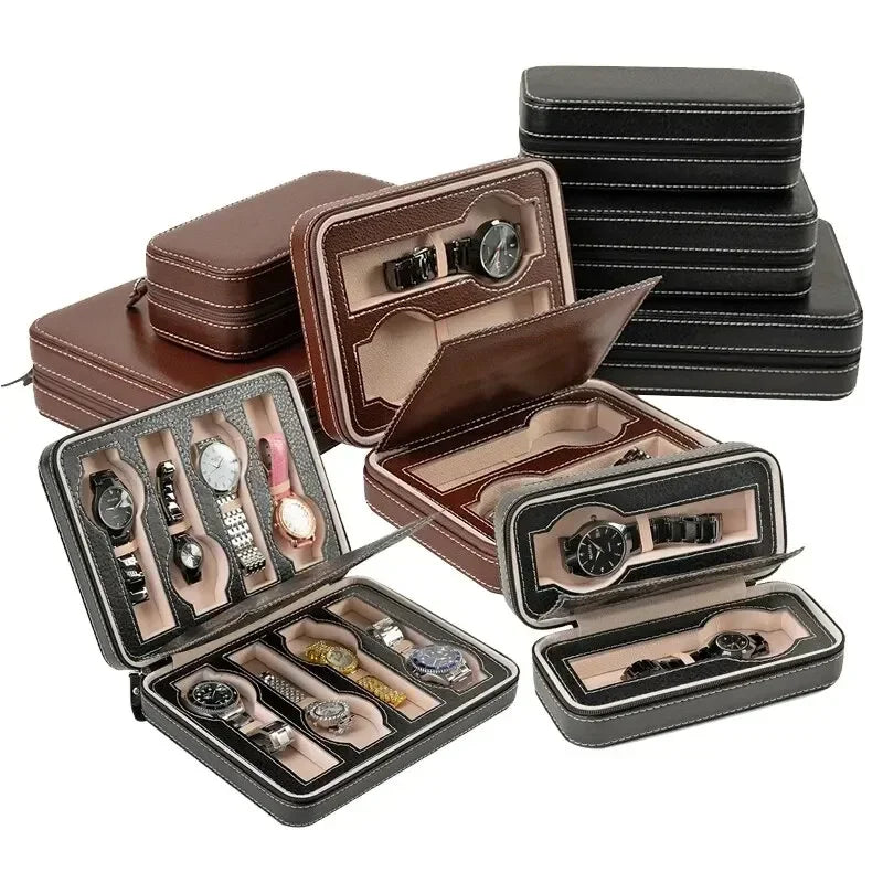 New Travel Dustproof Embedded Watch Box Zipper Portable PU Leather Storage Case Watch Display Box For Trips And Gifts Qme