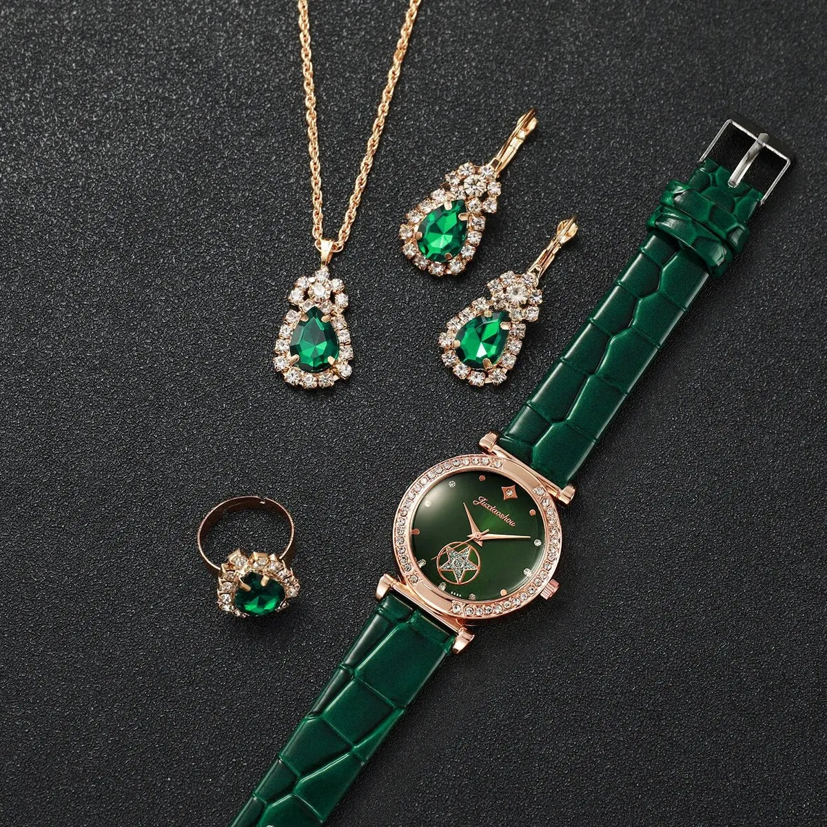 Rose Gold Ladies Green Leather Watch Set Water Drop Emerald Crystal Jewelry Necklace Earrings Ring Party Ornament Kit Qme