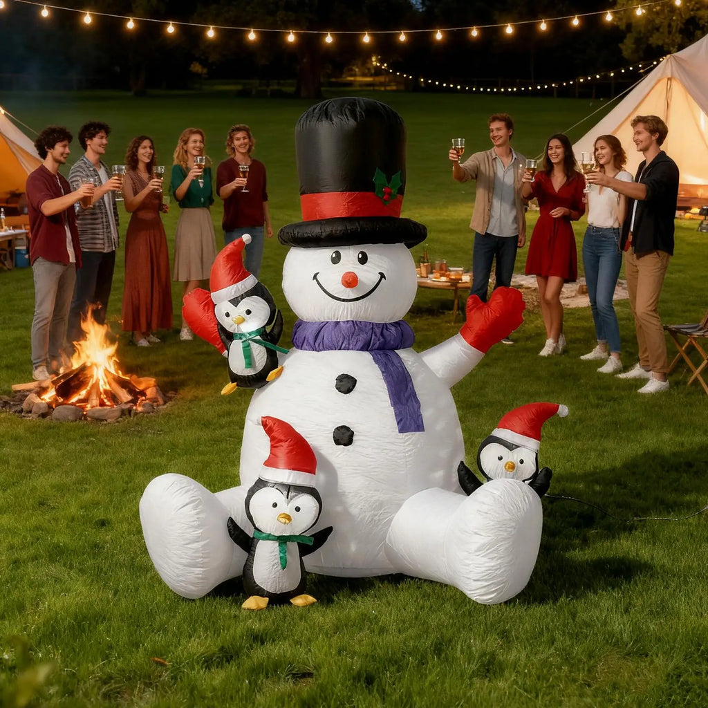 Christmas Snowman Blow Up Inflatable Festival RGB LED Lights Decor With 3 Penguins Blow Up Christmas Sitting Snowman For Indoor Qme