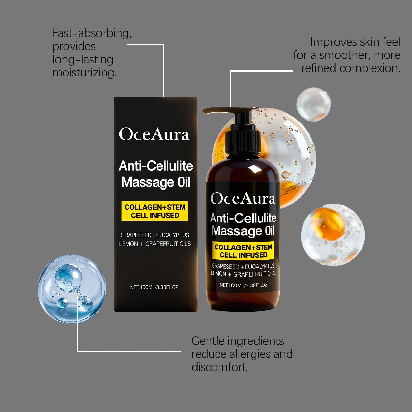 Oceaura Anti-Cellulite Massage Oil Firming Body Lift Tightening Deep Hydrating Smoothing Dry Skin Relaxing Shaping Essential Oil Qme