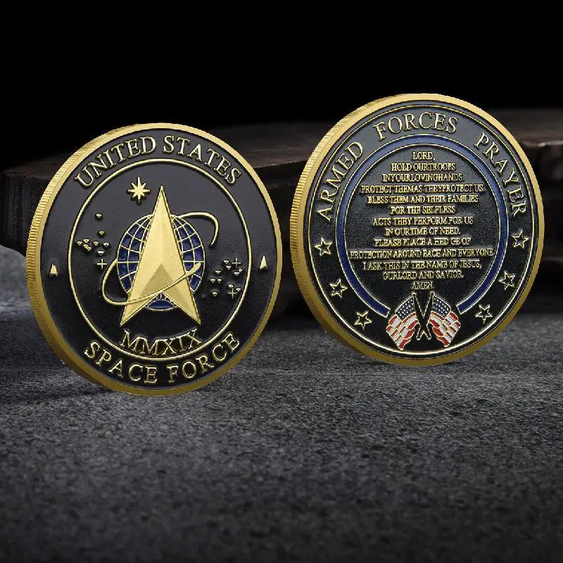Golden Plated Heros Valor Prayer Courage US Space Force Challenge Qme 2PSC Gold Silver