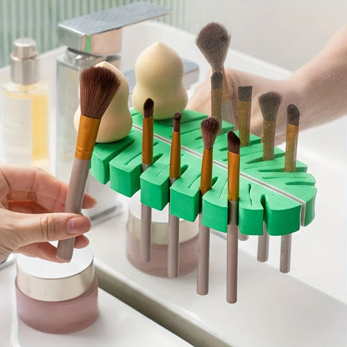 1 household bathroom leaf shaped makeup brush holder, toothbrush holder, cleaning and drying rack Qme light green