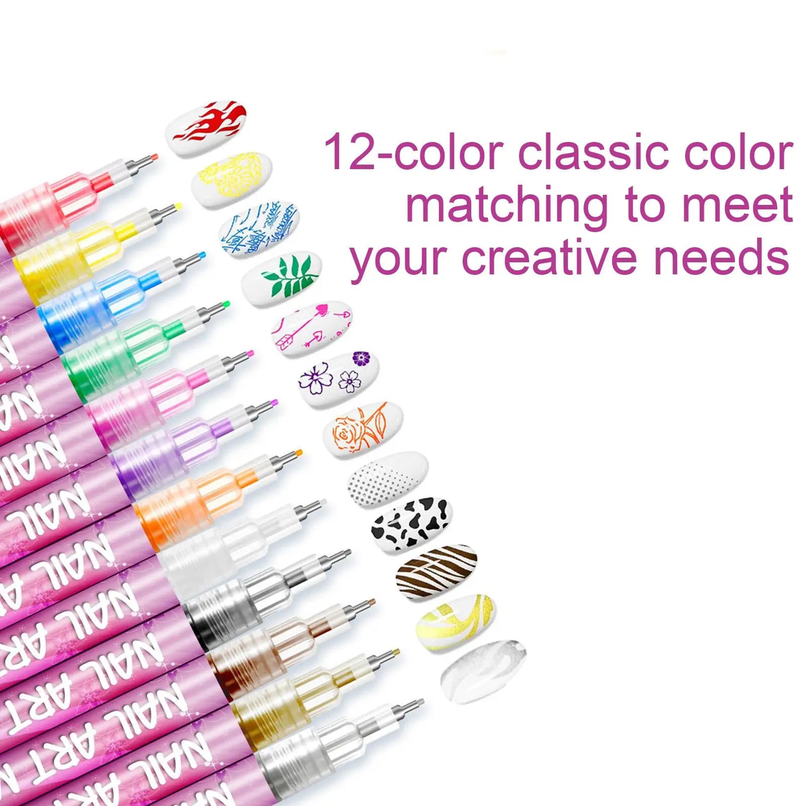 Nail Pens Nail Paint Pen 12 Colors Portable Tools Decoration Drawing for Kids Art Practice Salon Manicure Home Women Qme