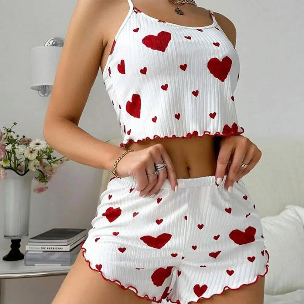 2pcs Women's Pajama Set Sexy Cute Kawaii Pajamas Women suspenders Sun-Tops Loungewear Set Shorts Lolita Heart Silk Sleepwear Qme Red S