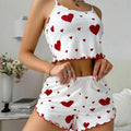 2pcs Women's Pajama Set Sexy Cute Kawaii Pajamas Women suspenders Sun-Tops Loungewear Set Shorts Lolita Heart Silk Sleepwear Qme Red S