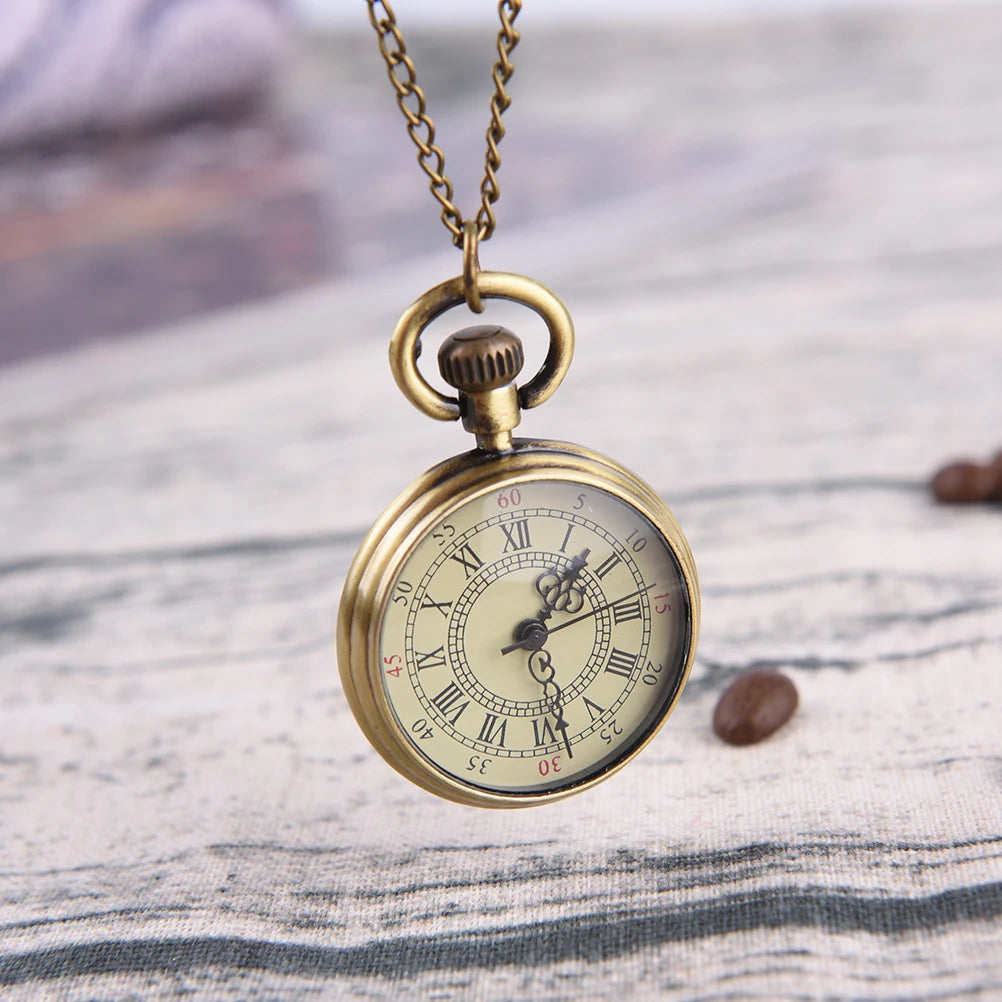 Simple Vintage Style Steampunk Beige Dial Roman Numbers Small Pocket Watch Necklace Pendant Qme ... ...