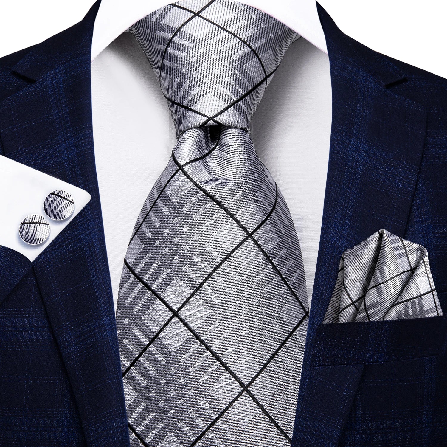 Designer Wedding Tie Men Blue White Plaid Handky Cufflink Red Gray Qme 3359