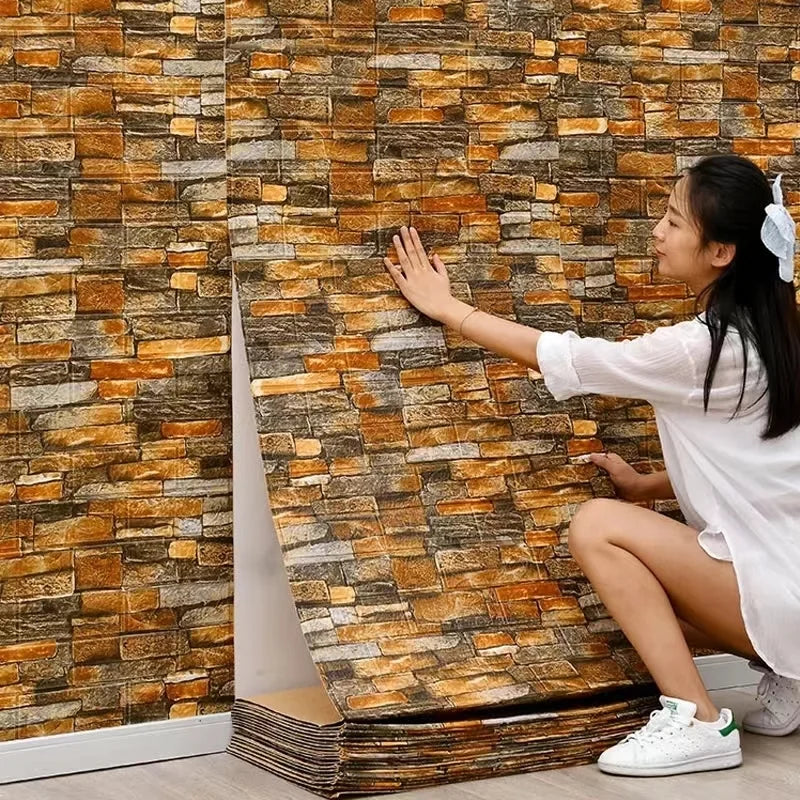 Self Adhesive Waterproof Stain Resistant 3D Faux Brick Wallpaper 70cmx100cm Wall Sticker Indoor Kitchen House Wall Art Decor Qme 70CMx1M retro yellow
