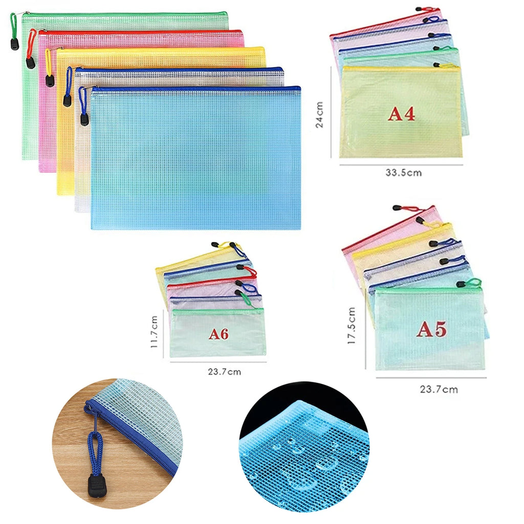 5PCS Stationery Storage Folder File Mesh Zipper Pouch A4/A5/A6 Document Bag Zip File Folders School Office Supplies Qme