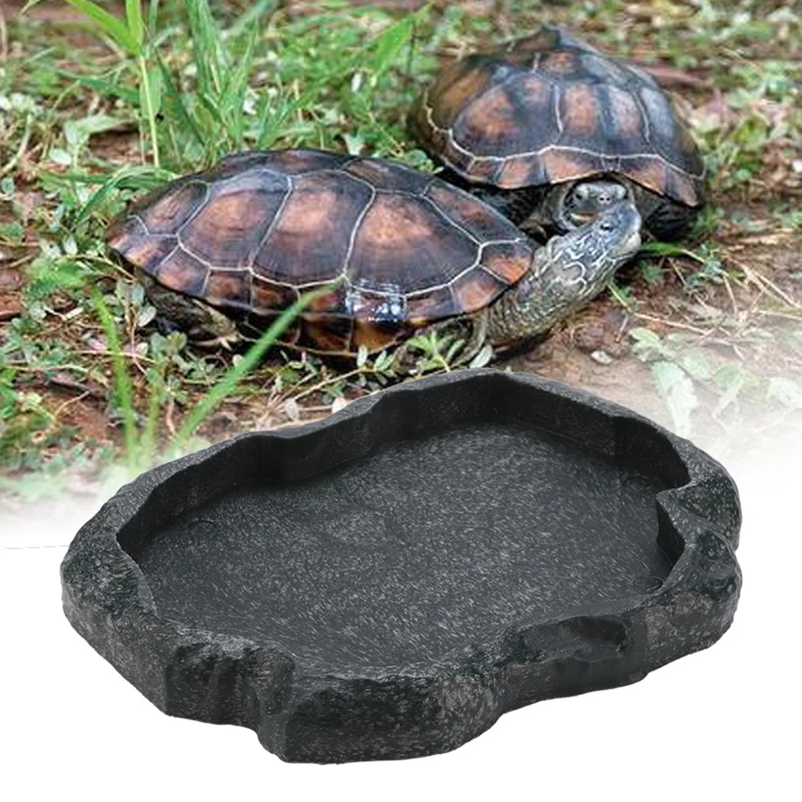 Tortoise Turtle Food Water Bowl ABS Resin Feeder Dish Rock Style Durable Reptile Feeding Bowl Terrarium Accessories Qme