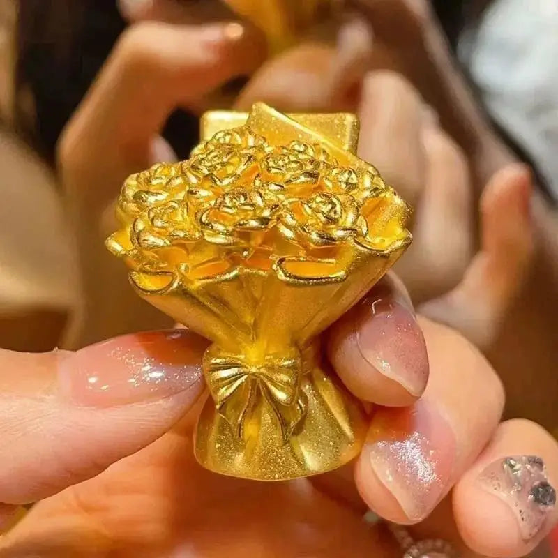 Mini Gold Rose Bouquet Ornament Handmade Metal Artificial Flower Qme