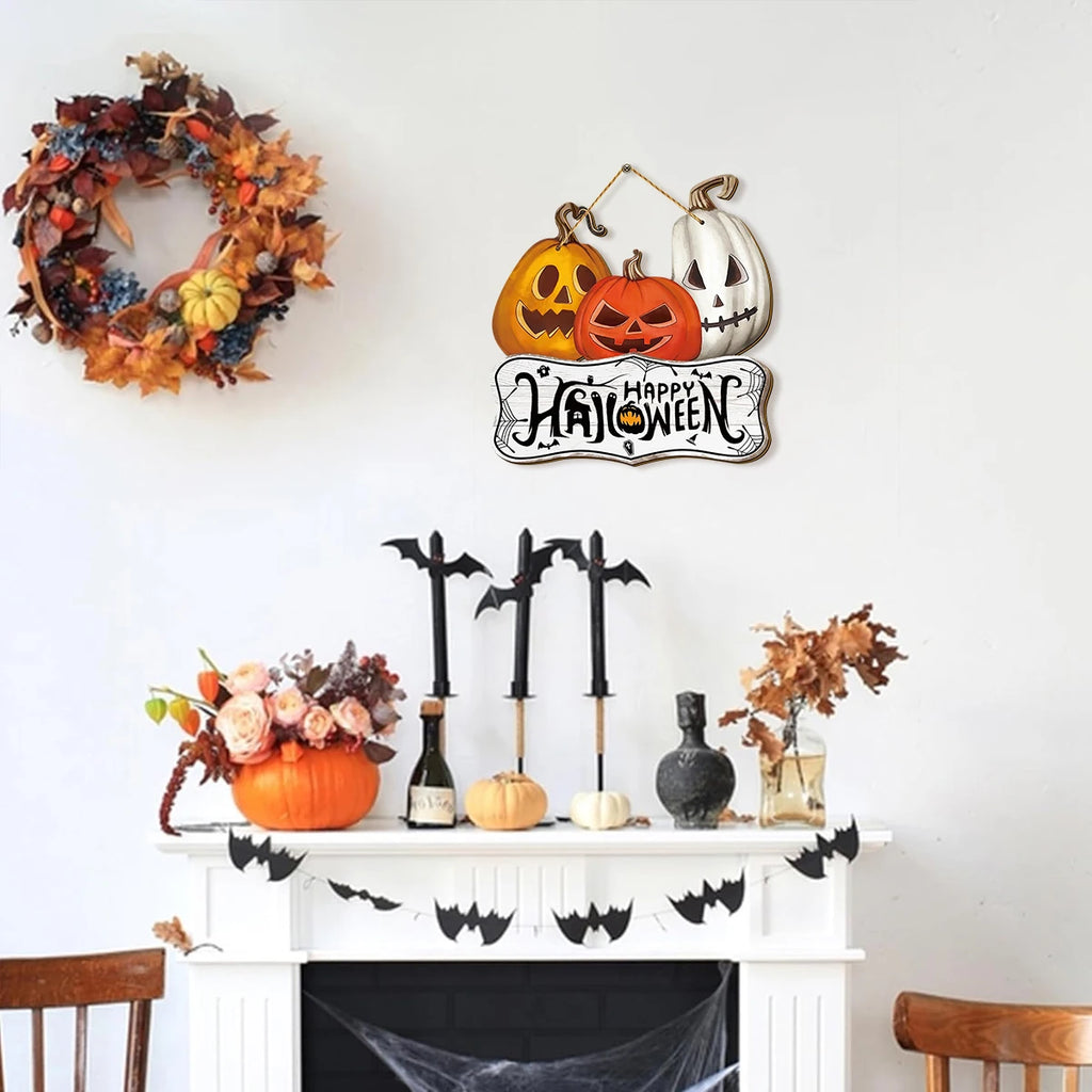 Halloween Wooden Wall Hanging Sign - "Happy Halloween" Orange, Yellow, White Jack Pumpkin Decoration, Halloween Decoration Qme