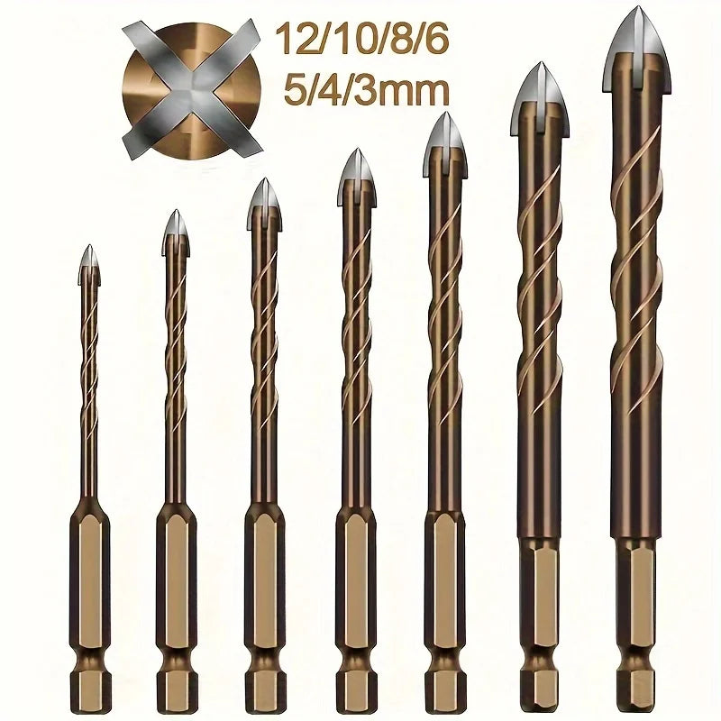 7PCS 3-12mm Cross Hexagon Tile Drill Bits Set For Glass Metal Ceramic Carbide Alloy Cross Tile Drill Bit Set Drilling Tools Qme