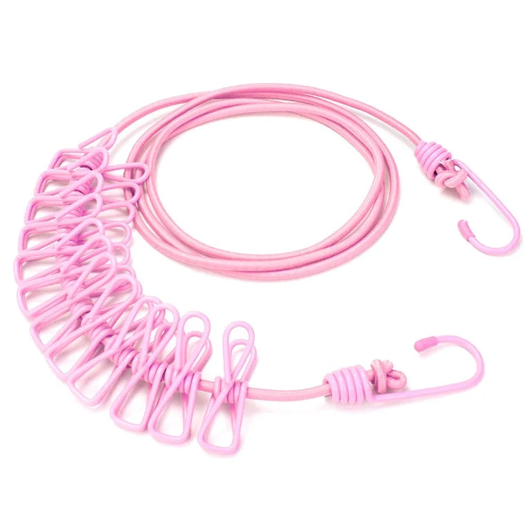 Portable Clothing Clothesline with 12 Clips Retractable Travel Elastic Camping Non-slip Clothesline for Outdoor and Indoor Use Qme Pink