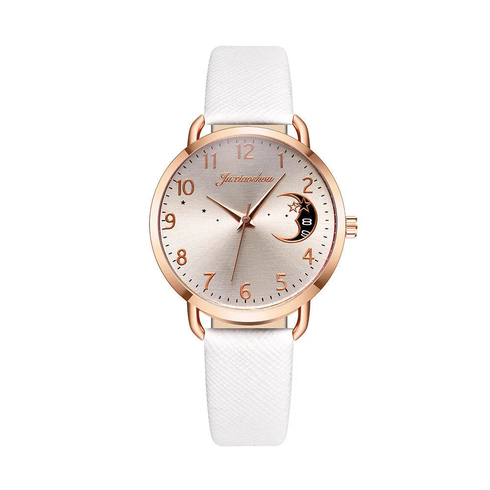 1-piece casual women's watch, moon digital dial, women's leather strap, quartz watch, women's watch Qme