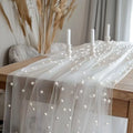 80x200cm Pearl Gauze Decorative Table Flag Beaded Net Gauze Wedding Table Flag Curtain Party Tablecloth Background Decoration Qme 80x200cm White