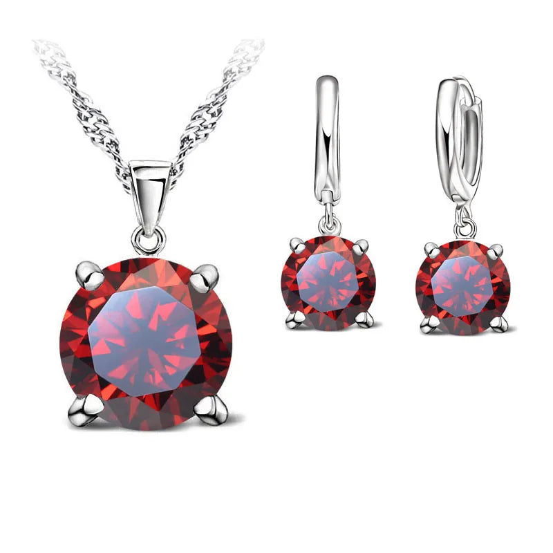 Real 925 Sterling Silver Color Earrings CZ Crystal Classic Round Earrings For Women Wedding Engagement Fashion Brand Jewelry Qme Red