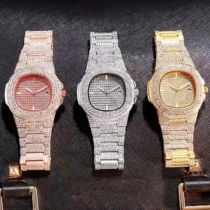 1pc Popular Hip Hop Full Artificial Diamond Avant-garde Quartz Men's Watch Trendy Brand Fashion Men's Watch Qme