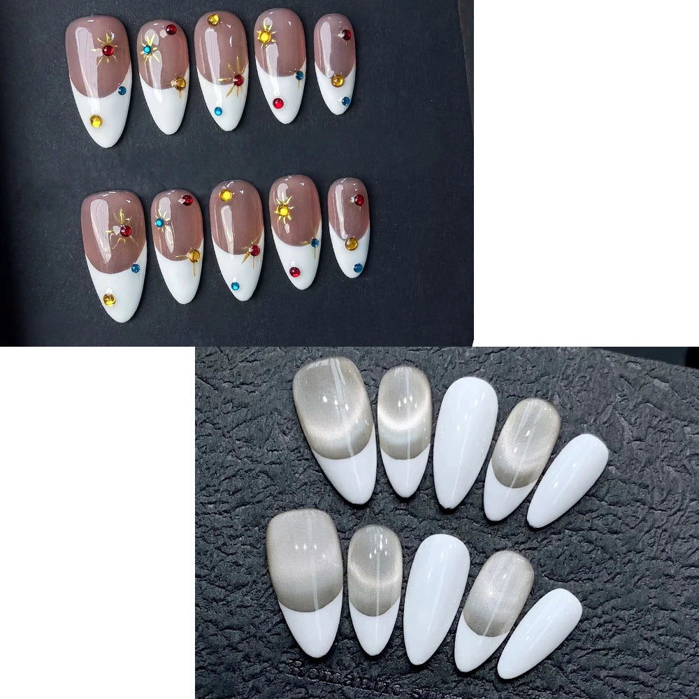 Handmade Press Nails French Cat Eye Glitter White Simple Diamond Qme