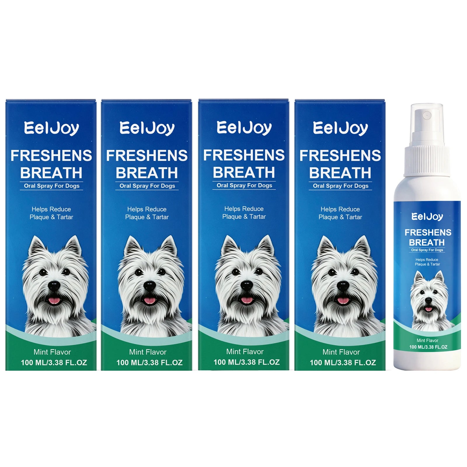 EELJOY Pet Dental Care Spray Reduces Plaque & Tartar Eliminates Bad Breath No‑brush Easy‑to‑use Mint‑flavored Dogs Mouth Cleaner Qme 4 x 100ML Boxed