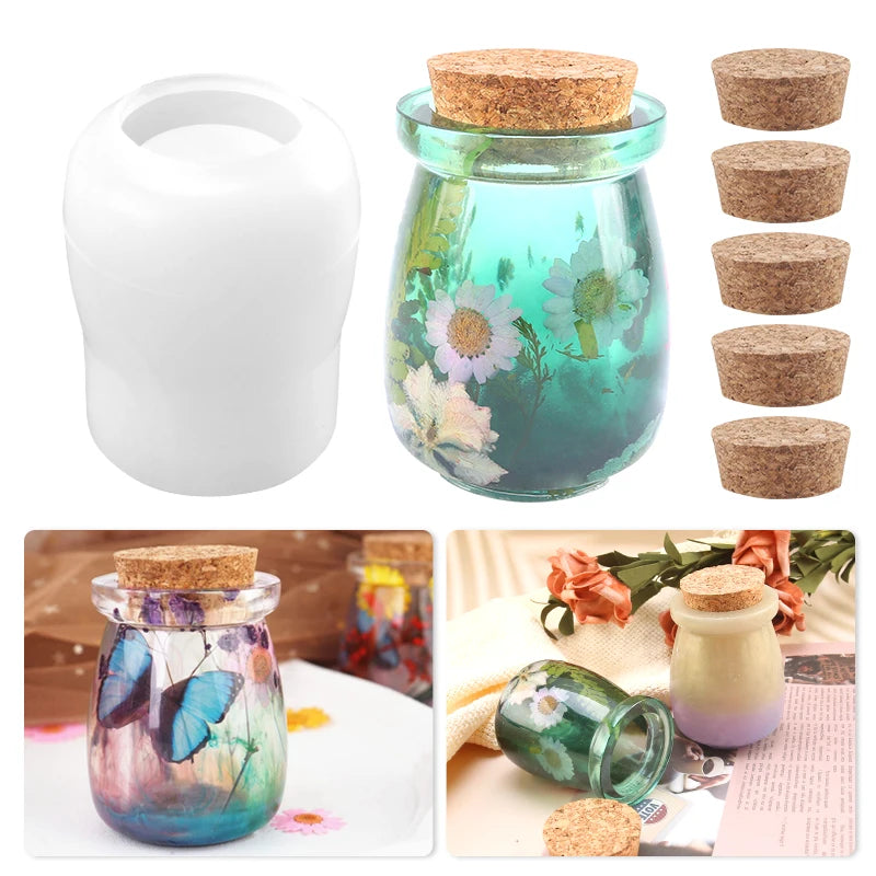 Jars Resin Molds Silicone Molds with 5Pcs Wooden Lids for Storage Bottle Candy Container Home Decoration DIY Epoxy Casting Craft Qme