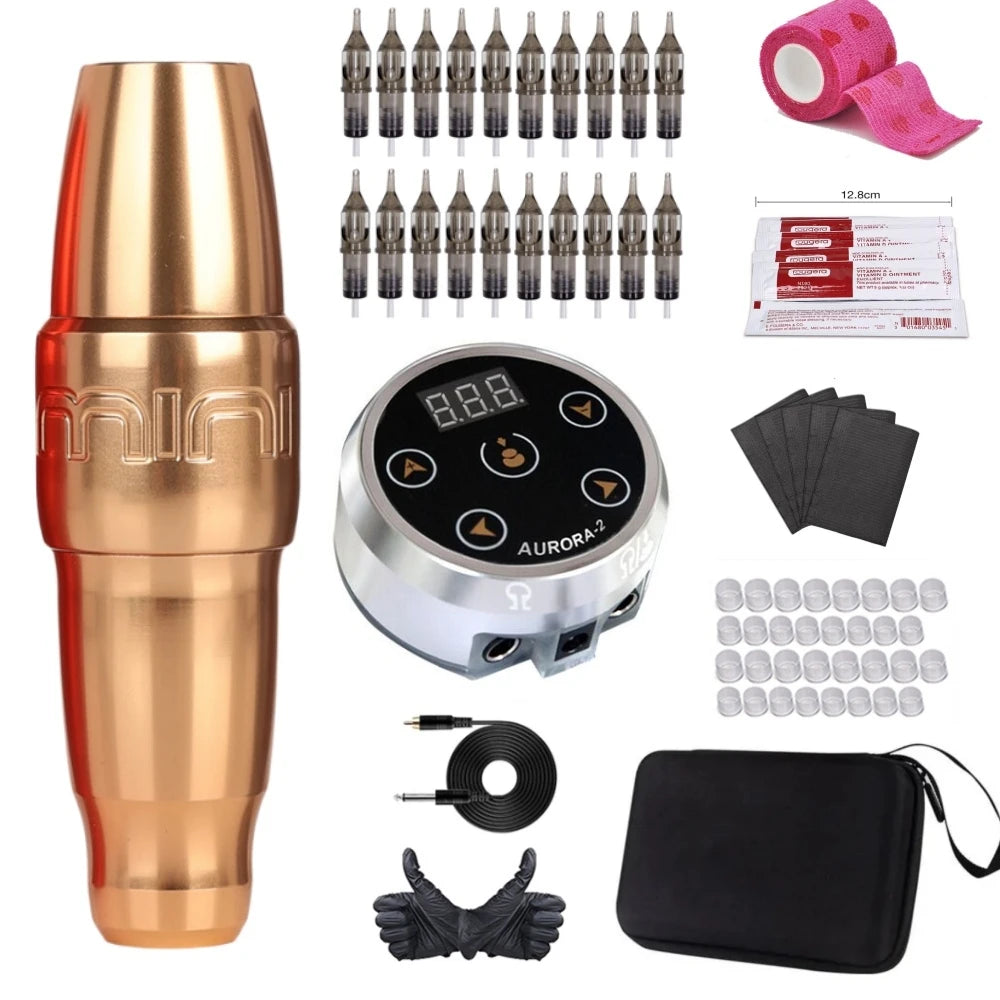 Brand New MINI PMU Permanent Makeup Tattoo Pen Machine Gun Kit Set Rotary Swiss Motor For Eyebrow Lip With Carry Case Box Supply Qme Gold Kit SR