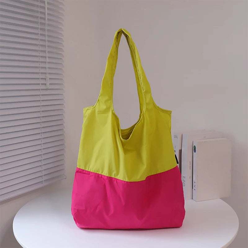 Color-block Patchwork Foldable Shopping Bag Eco-friendly Large Capacity Portable Waterproof Shoulder Bag Qme Green one size
