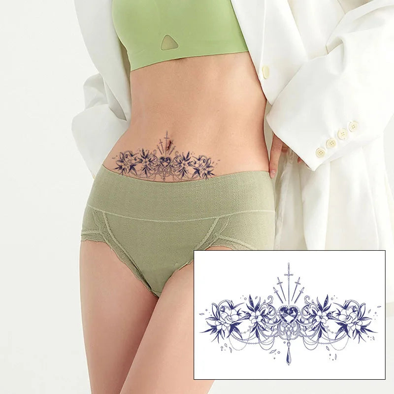 Diamond Flower Sexy Abdominal Realistic Tattoo Stickers, Colorful, Waterproof, Sweatproof, Disposable Temporary Stickers Qme