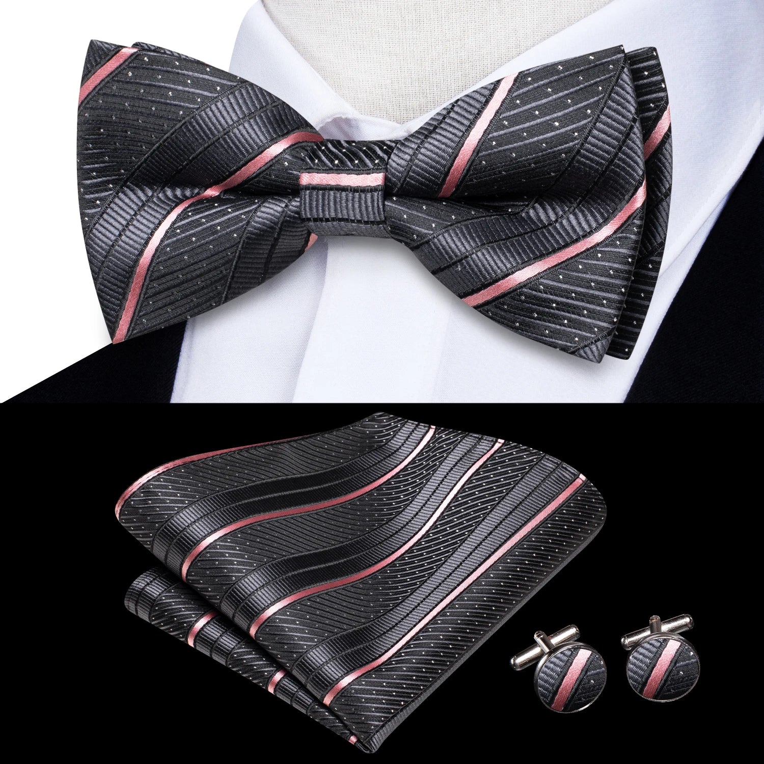 Hi-tie Pink Dot Silk Mens Pre-tied Bow Tie Hanky Cufflink Dusty