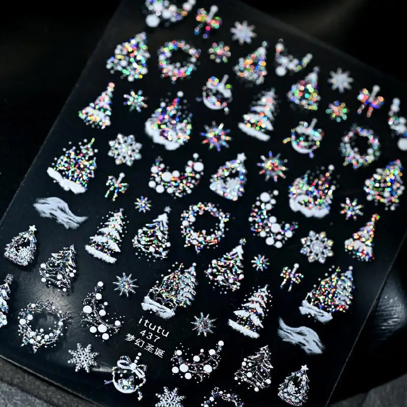 Christmas Embossed Nails Art Stickers Dreamy Castle Tree Snowflake Qme Silver