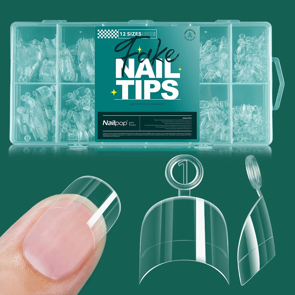 Nailpop False Nails 10 12 Sizes Full Cover Tips Clear Durable Qme XXS-HC-Oval-600