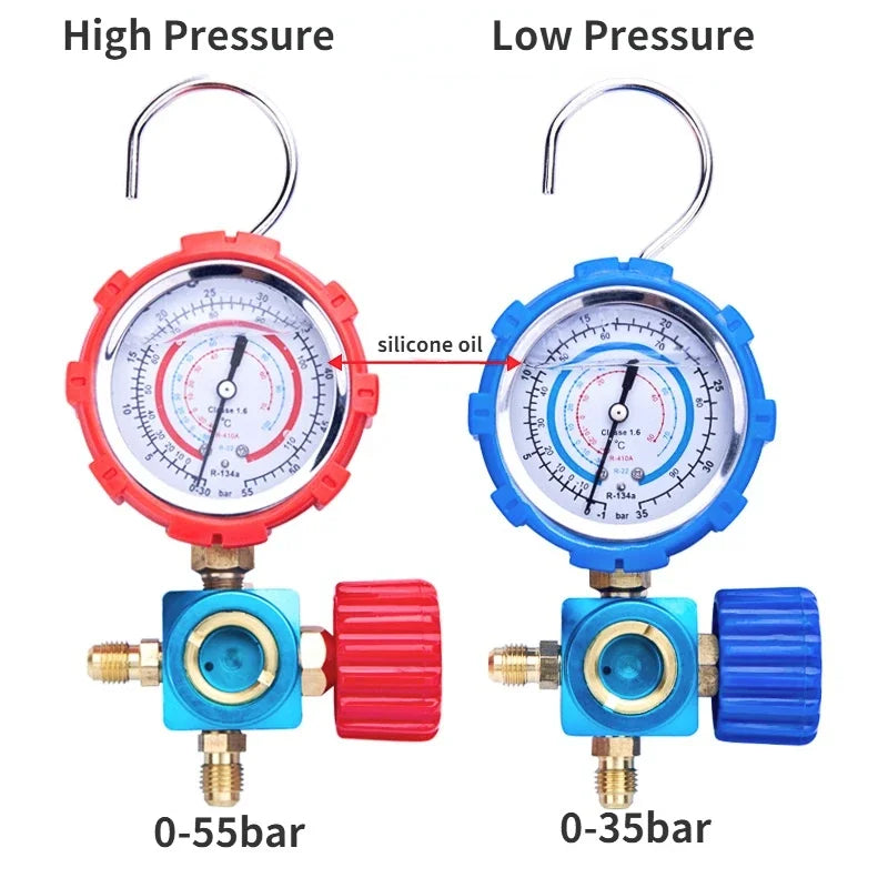 For R410A R22 R134a R404A Air Condition Gauge Refrigerants Manifold Gauge Manometer Valve 800psi/500psi with Visual Mirror Qme