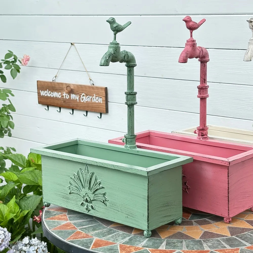 Faucet Metal Rectangular Flower Pot Vintage Flower Planter Container Vase Farmhouse Decor for Indoor Outdoor Garden Decorative Qme