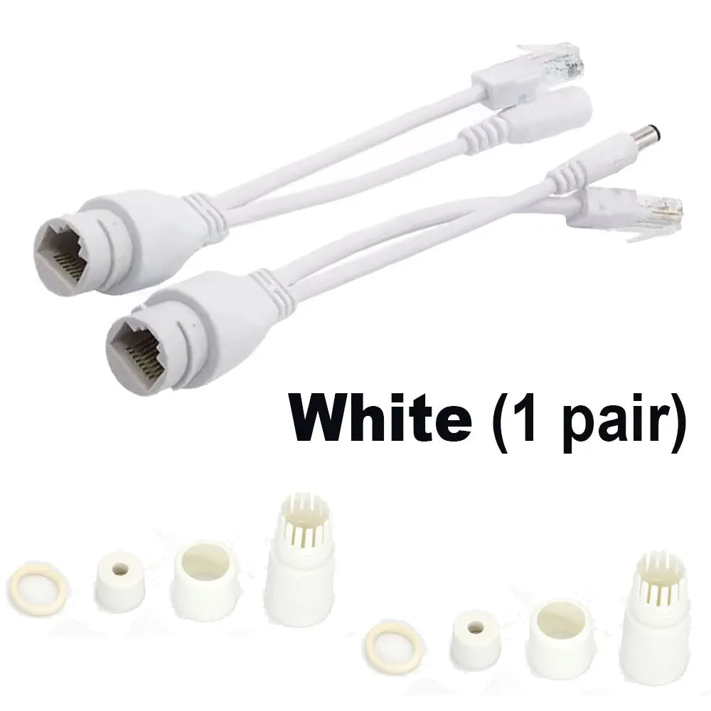 2pcs Gigabit PoE Splitter Cable 48V Input Multi-Voltage Output 5V/12V/24V DC 5.5x2.1mm Jack IP65 Waterproof for IP Camera Qme White-2pairs