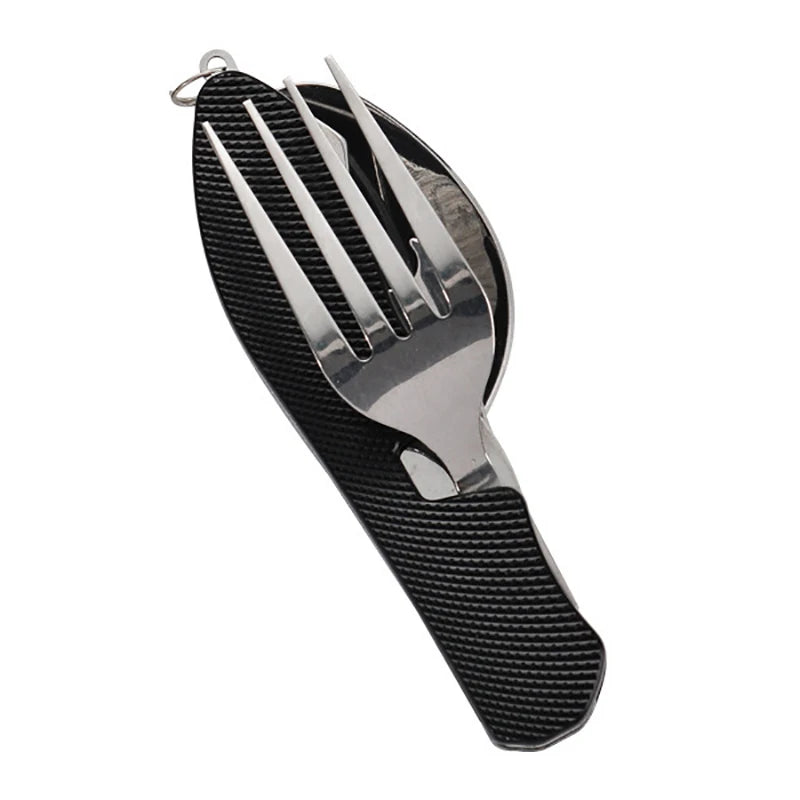 1 Tableware Foldable Stainless Steel Fork Spoon Knife Bottle Opener Qme Black