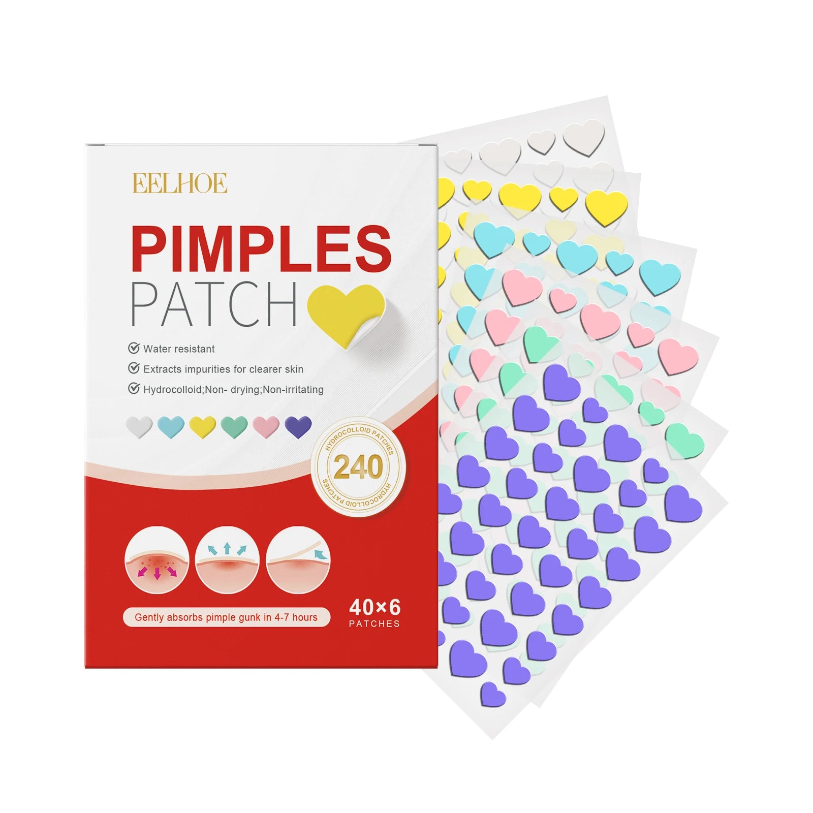 240Pcs Salicylic Acid Acne Pimple Patches Colorful Round/Heart/Flower/Star Shape Acne Removal Skin Care Stickers Covering Zits Qme Heart 240Pcs