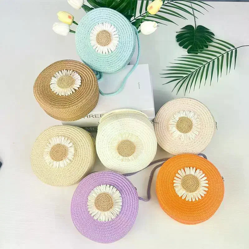 Floral Circle Straw Crossbody Bag: Vintage Mini Shoulder Purse with Graphic Decor for Women's Summer Beach & Casual Outings Qme