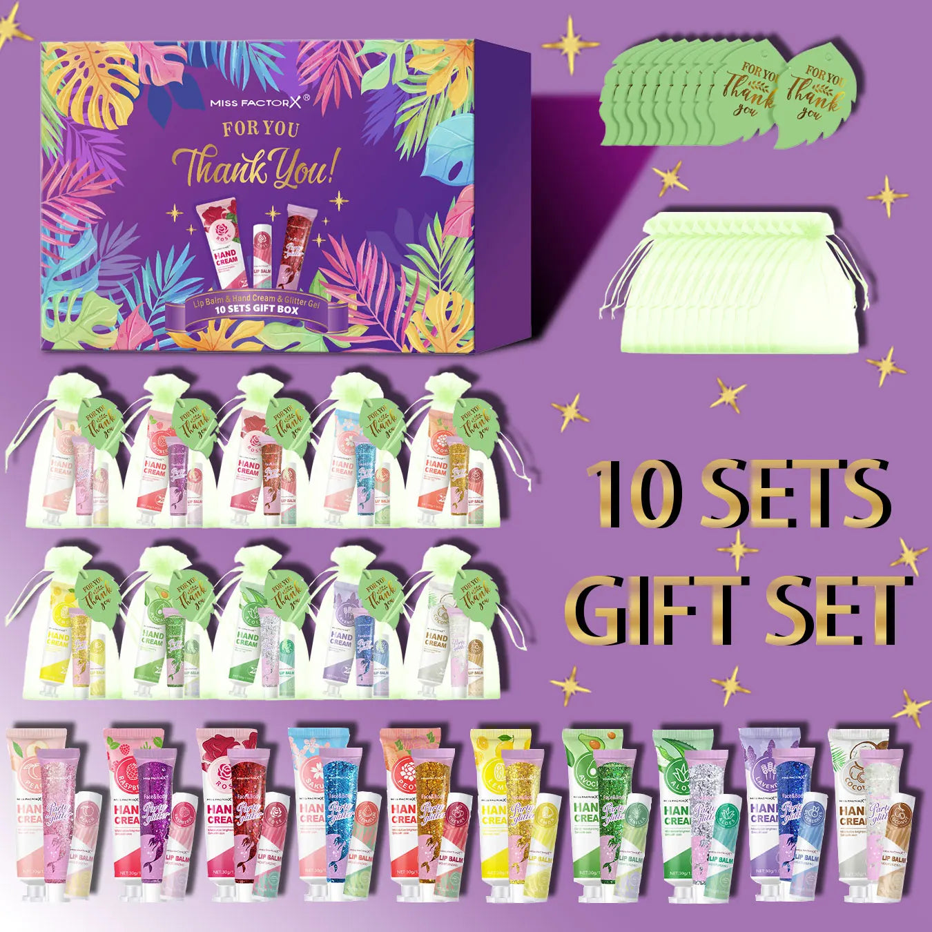Women's Gift Set -10 Sets/Box with Hand Cream, Lipstick, Glitter, Gift Gauze Bag, Green Leaf Thank You Card Combination Qme