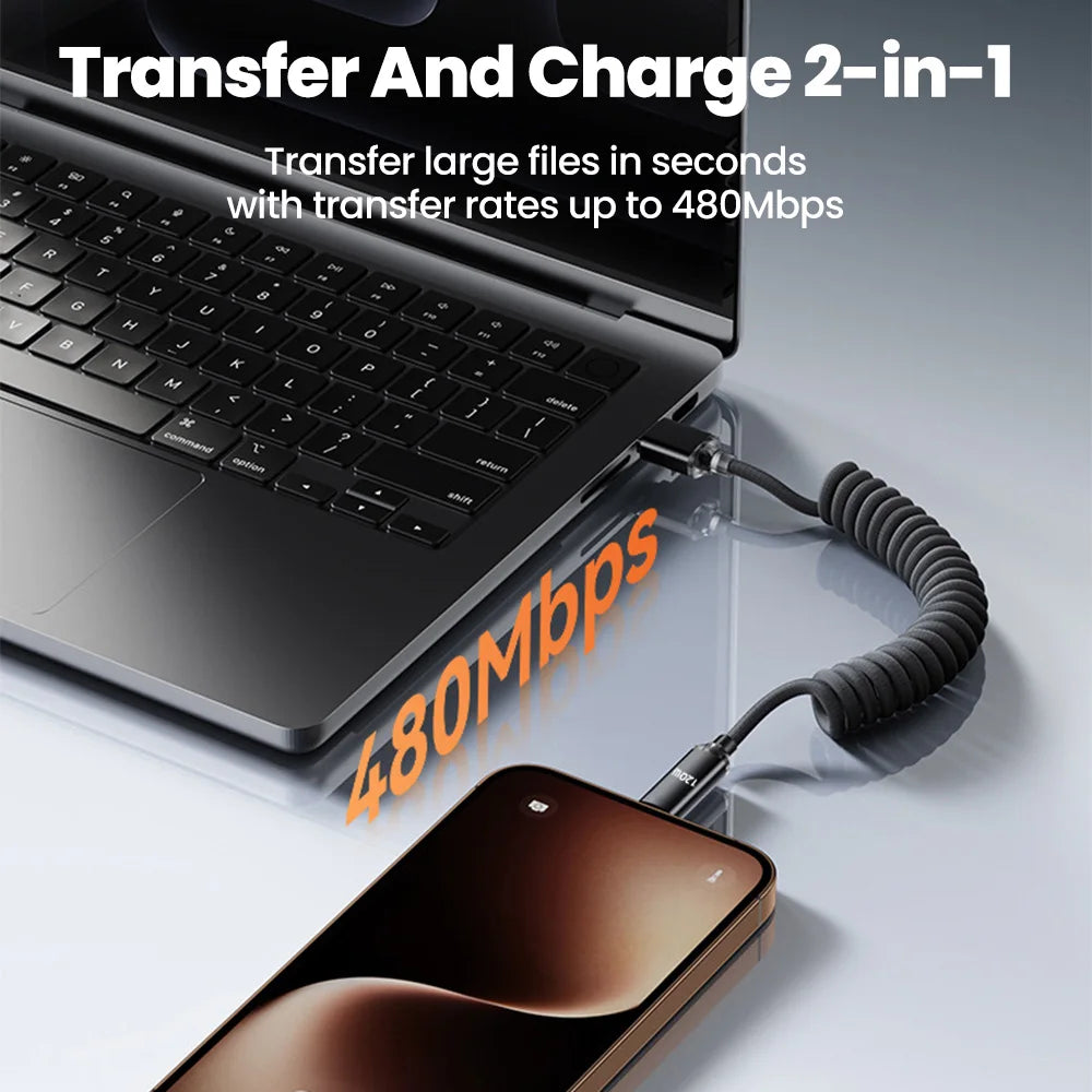120W Spring Pull Telescopic USB C Data Cable USB To Type-C/Dual Type-C Car Fast Charging Cable 1m 2m For Xiaomi iphone 17 Huawei Qme