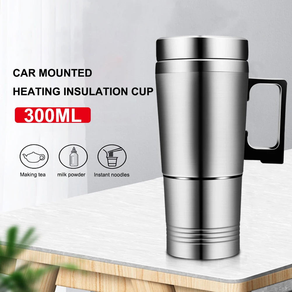 Vehicle Heating Cup 12V/24V Water Coffee Milk Thermal Mug 300ML Car Electric Heating Cup Stainless Steel Travel Electric Kettle Qme