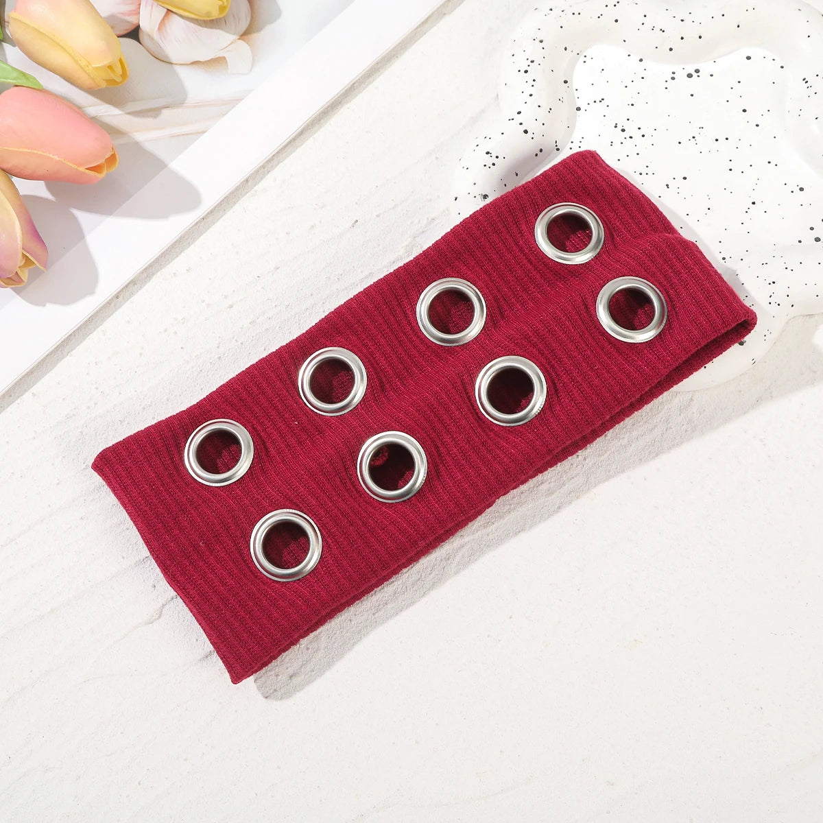 Punk Girl Fabric Hollow Elastic Headbands Metal Rock Personalized Hollow Eyelets Hair Band Casual Sports Grommet Headband Qme RED