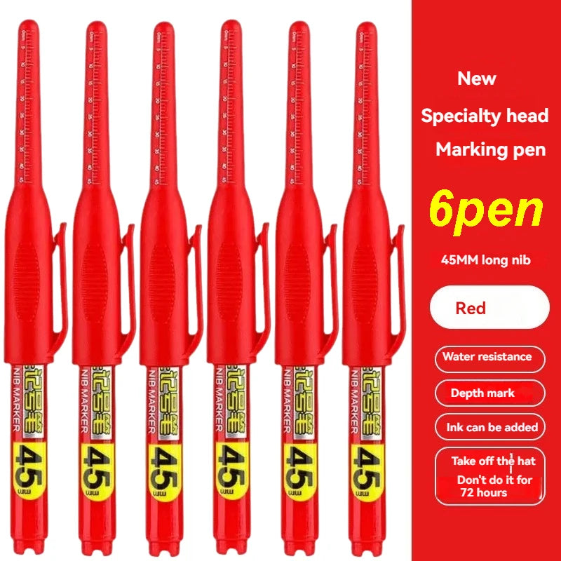 1-40Pcs 45mm Waterproof Deep Hole Marker Pens Long Nib Head Carpenter Pen Black White Ink for Multi-Purpose Woodworking Tools Qme 6pcs red pen
