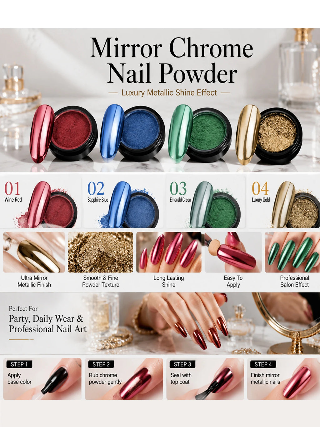 4-Color Magic Mirror Nail Powder Versatile Colors Glitter DIY Art Qme