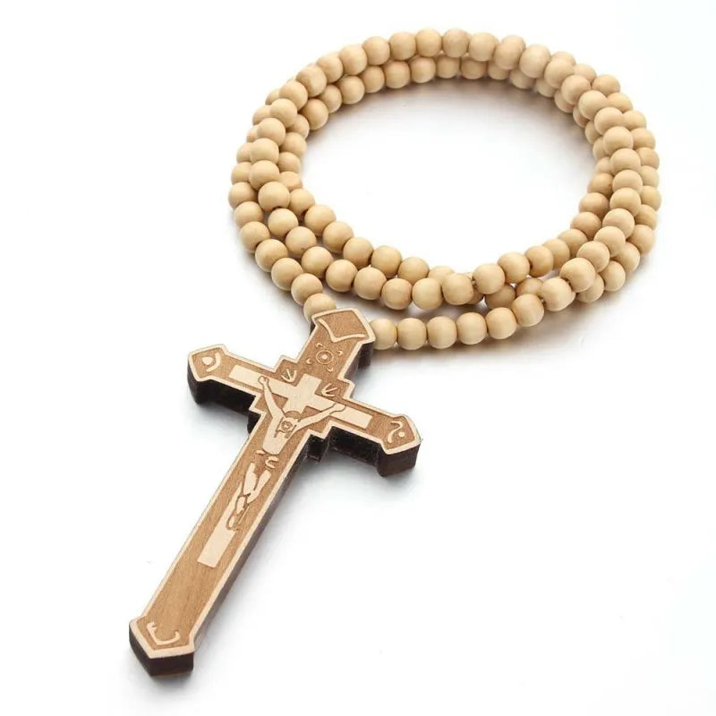 Wooden Rosary Pendant Cosplay Religious Antique Cool Cross Necklace Beads Catholic God Bless Jewelry Trend Fashion Festival Gift Qme Wood Color