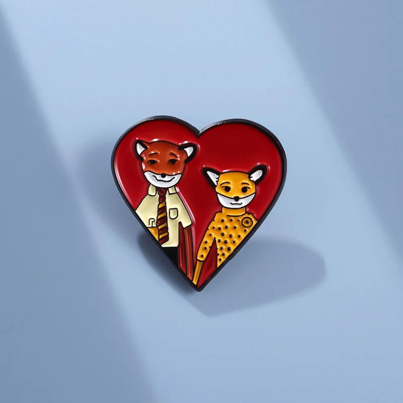 The Fantastic Mr Fox Couple Love Heart Brooch Enamel Pin Comedy Movies Badge Lapel Backpack Jewelry Gift for friend Wholesale Qme