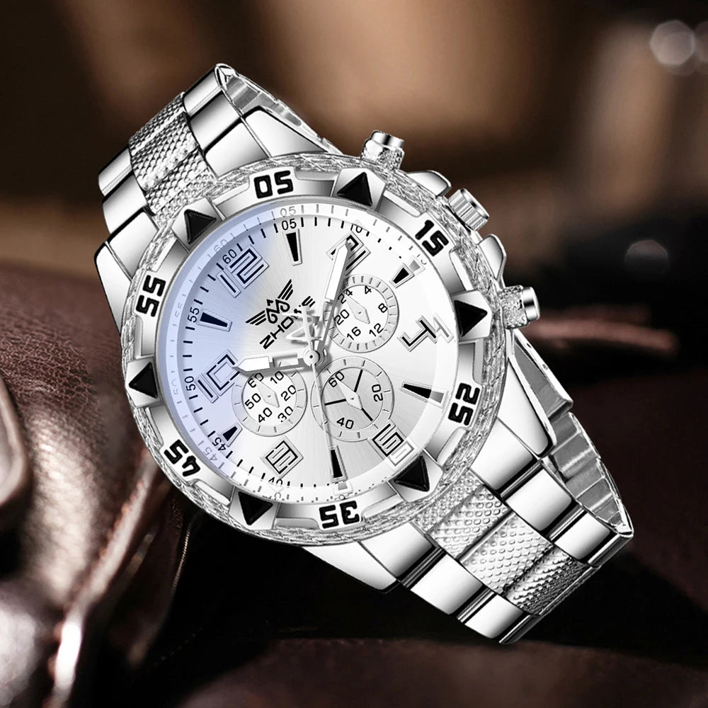 4PCS Silver Men's Fashion Casual Mixed Scale Dial Quartz Watch Bracelet Necklace Ring Set Suitable for Daily Wear Decoration Qme