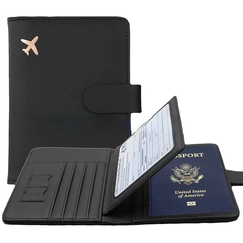 Multifunctional Passport Storage Bag Wallet Multi-layer Card Leather Protective Cover Portable Document Passport Storage Clip Qme Black